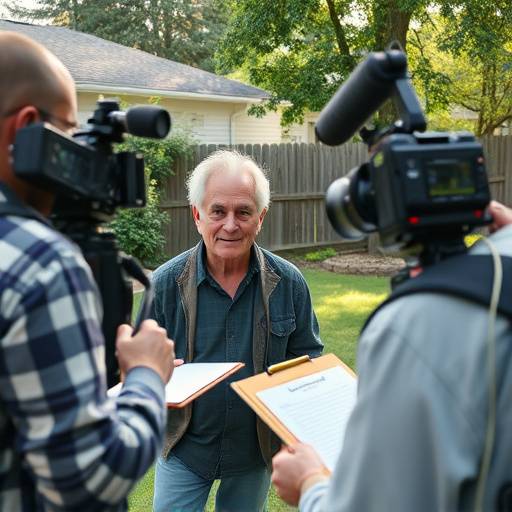 A film crew interviewing a quirky character in a suburban backyard, holding a clipboard and looking amused; thumbnail for 'Suburban Shenanigans'