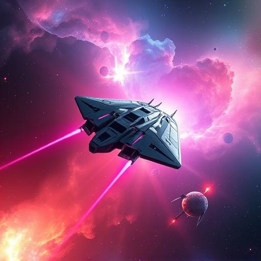 Celestial Frontier TV show thumbnail. A futuristic spaceship soaring through a nebula with vibrant colors.