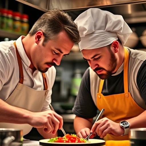 Culinary Clash reality show thumbnail. Two chefs intensely focused on their dishes in a high-pressure kitchen.