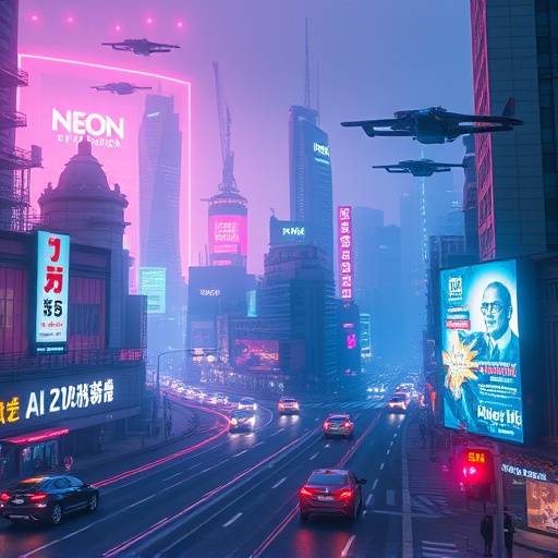 Cyberpunk Dreams TV show thumbnail. A neon-lit cityscape with flying vehicles and holographic advertisements.