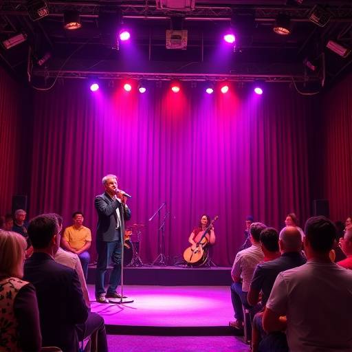 Laugh Track Lane TV show thumbnail. A brightly lit stage with stand-up comedians performing for a laughing audience.