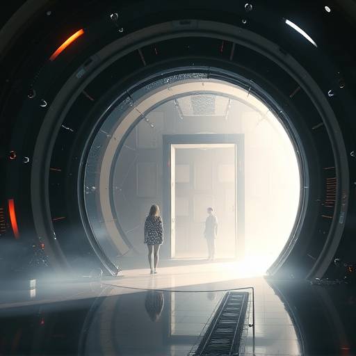 Quantum Echoes TV show thumbnail. A shimmering portal with futuristic architecture visible through it.