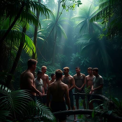Survival Island Xtreme reality show thumbnail. A group of contestants navigating through a dense jungle with survival gear.