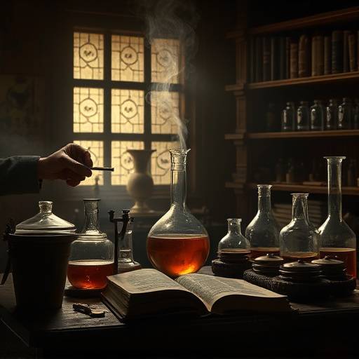 The Alchemist's Code TV show thumbnail. A mysterious laboratory filled with bubbling beakers and ancient texts.