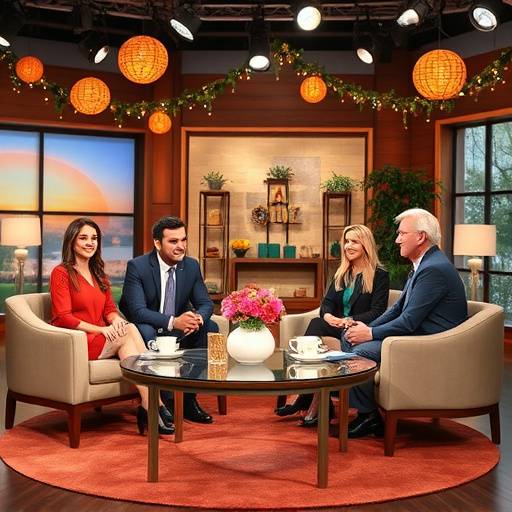 The Daily Dose of Delight TV show thumbnail. A morning talk show set with cheerful hosts and vibrant decorations.