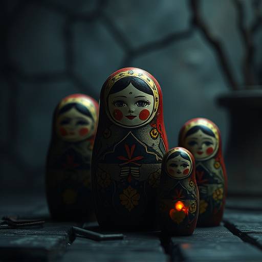 The Matryoshka Murders TV show thumbnail. A set of Matryoshka dolls with hidden clues inside, symbolizing layers of mystery.