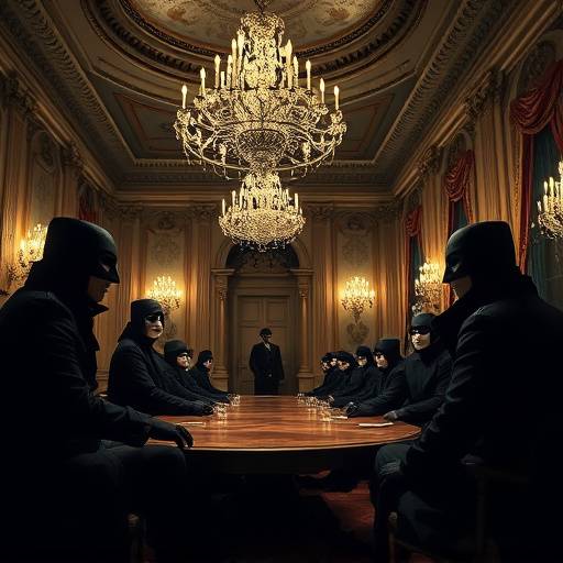 The Winter Palace Conspiracy TV show thumbnail. A grand ballroom scene inside the Winter Palace, depicting a clandestine meeting with masked figures.